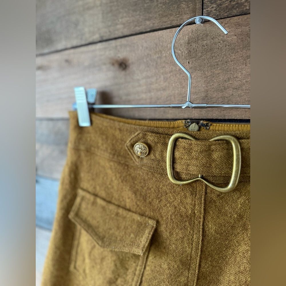 Vintage Inspired Mustard Wool Cargo Mini Skirt Buckle Flounce Hem - Picture 6 of 12
